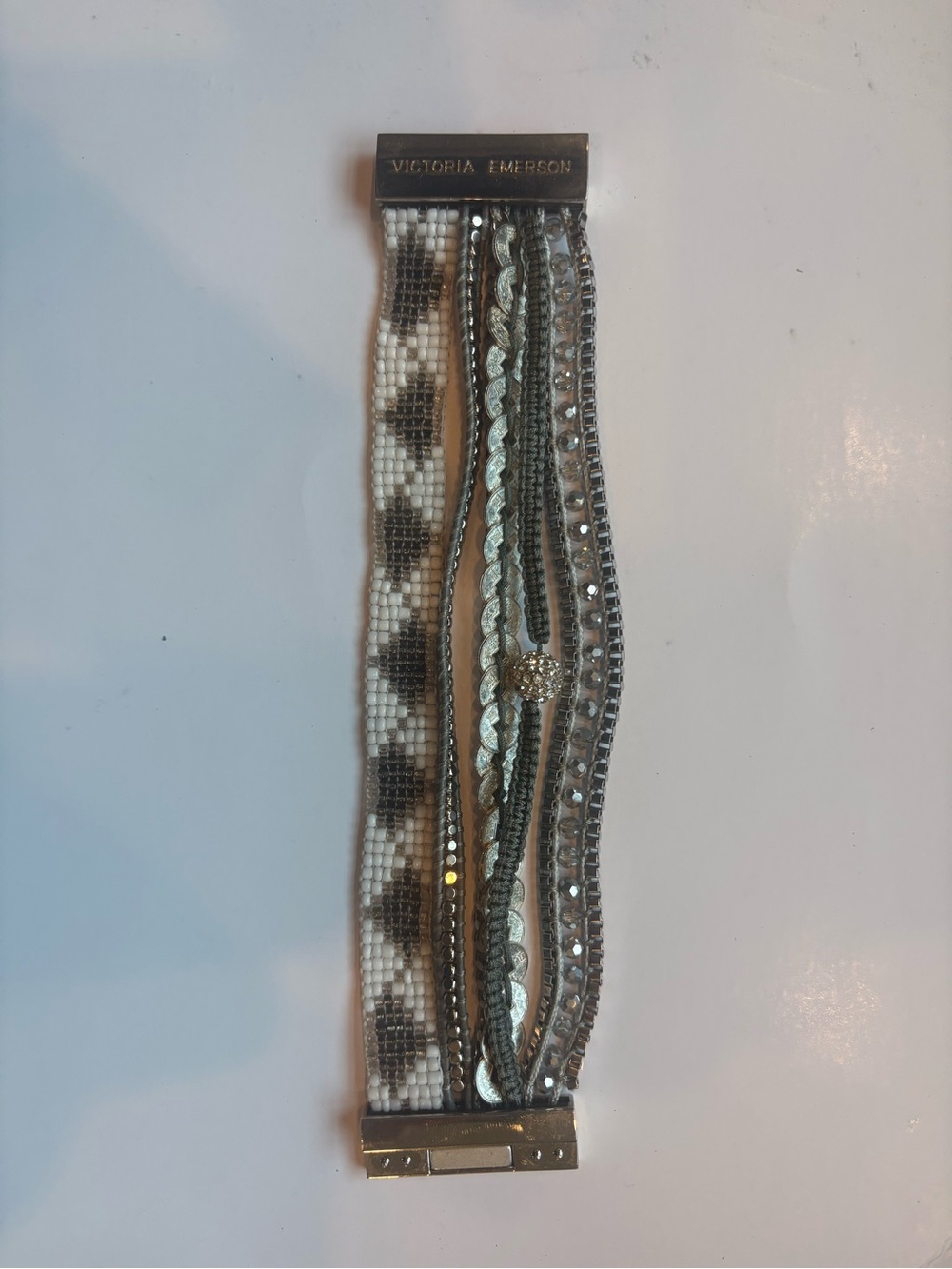 Victoria Emerson Multi-Row Silver and White Beaded Magnetic Cuff Bracelet - Picture 2 of 3